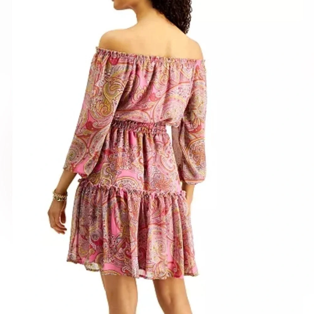 Tommy Hilfiger Gauzy Off Shoulder Tiered Dress Elastic Waist Balloon Sleeve 12 - Picture 5 of 9